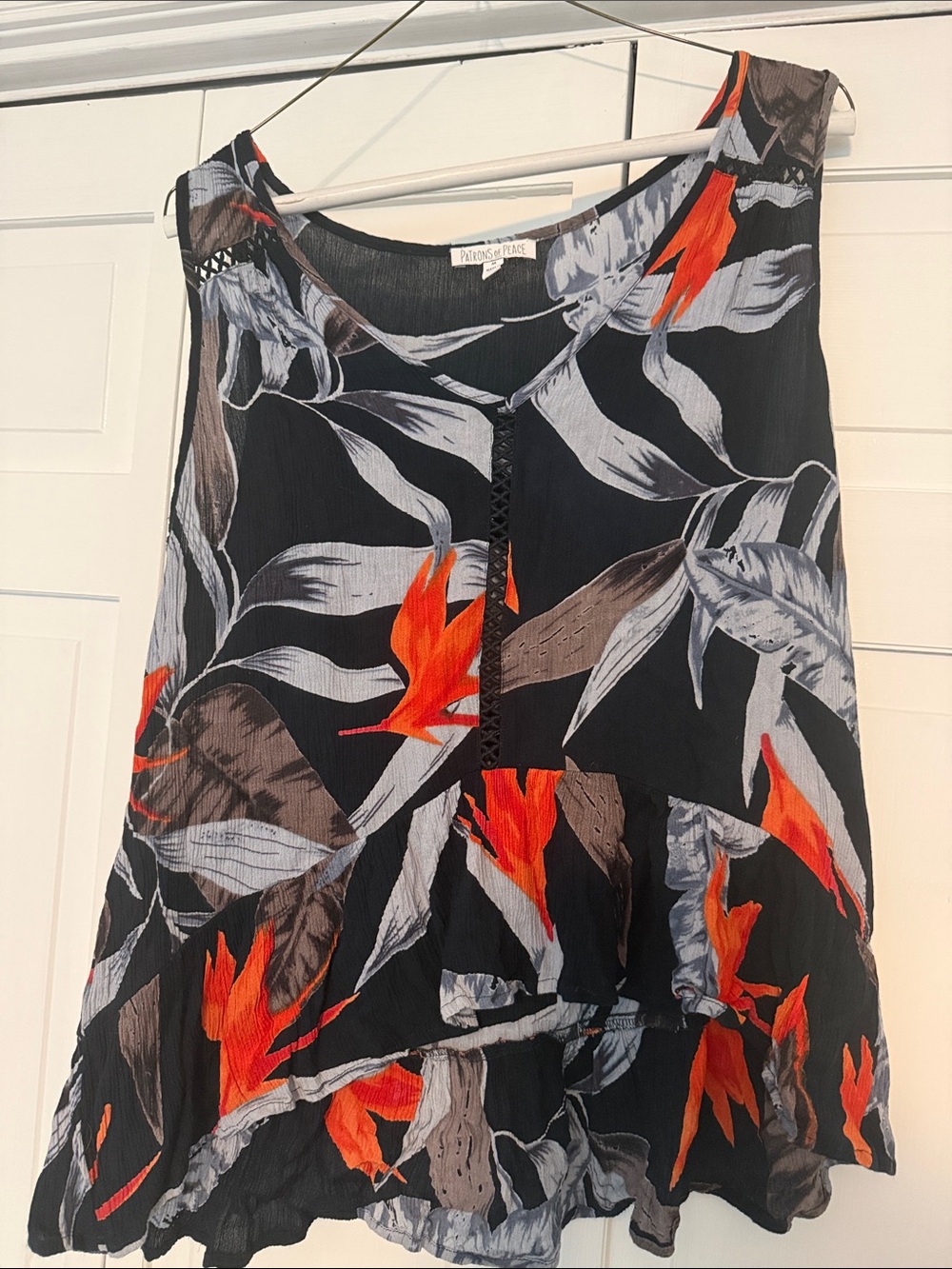 Patrons of Peace Black Circle Skirt with Orange & Gray Leaf Print